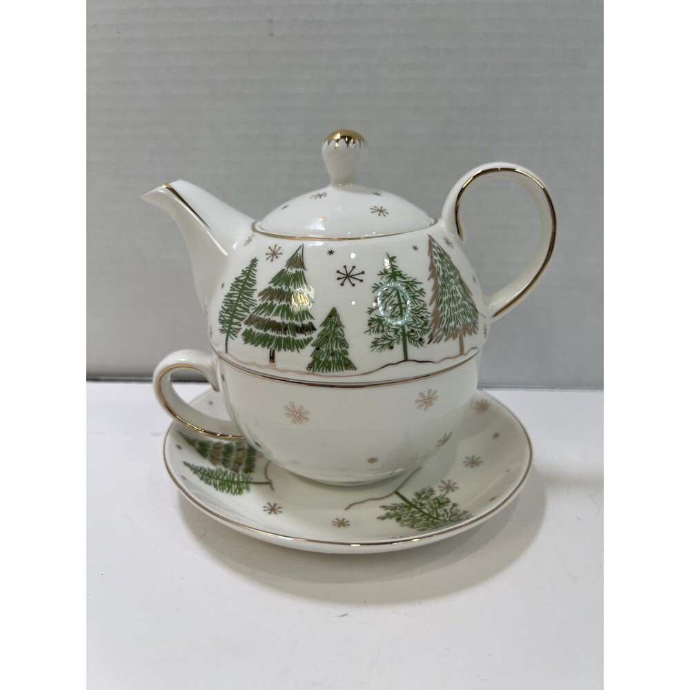 Grace Teaware Tea Pot, Cup and Saucer Winter Pine Trees Print NWT Christmas rare